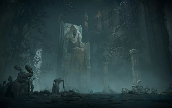 A dark, eerie scene from Elden Ring featuring a colossal broken statue surrounded by ruins, captured in 4K Ultra HD for a PC desktop background.