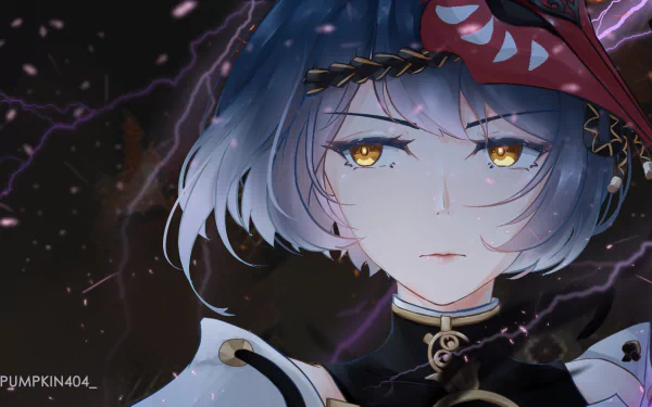 HD PC desktop wallpaper of Kujou Sara from the video game Genshin Impact, featuring her intense gaze against a stormy, electrified backdrop.