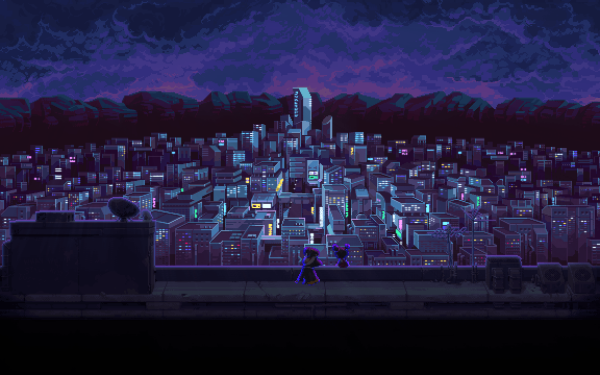 Katana Zero-inspired HD desktop wallpaper featuring stylized pixel art of a futuristic cityscape at dusk with a lone character.