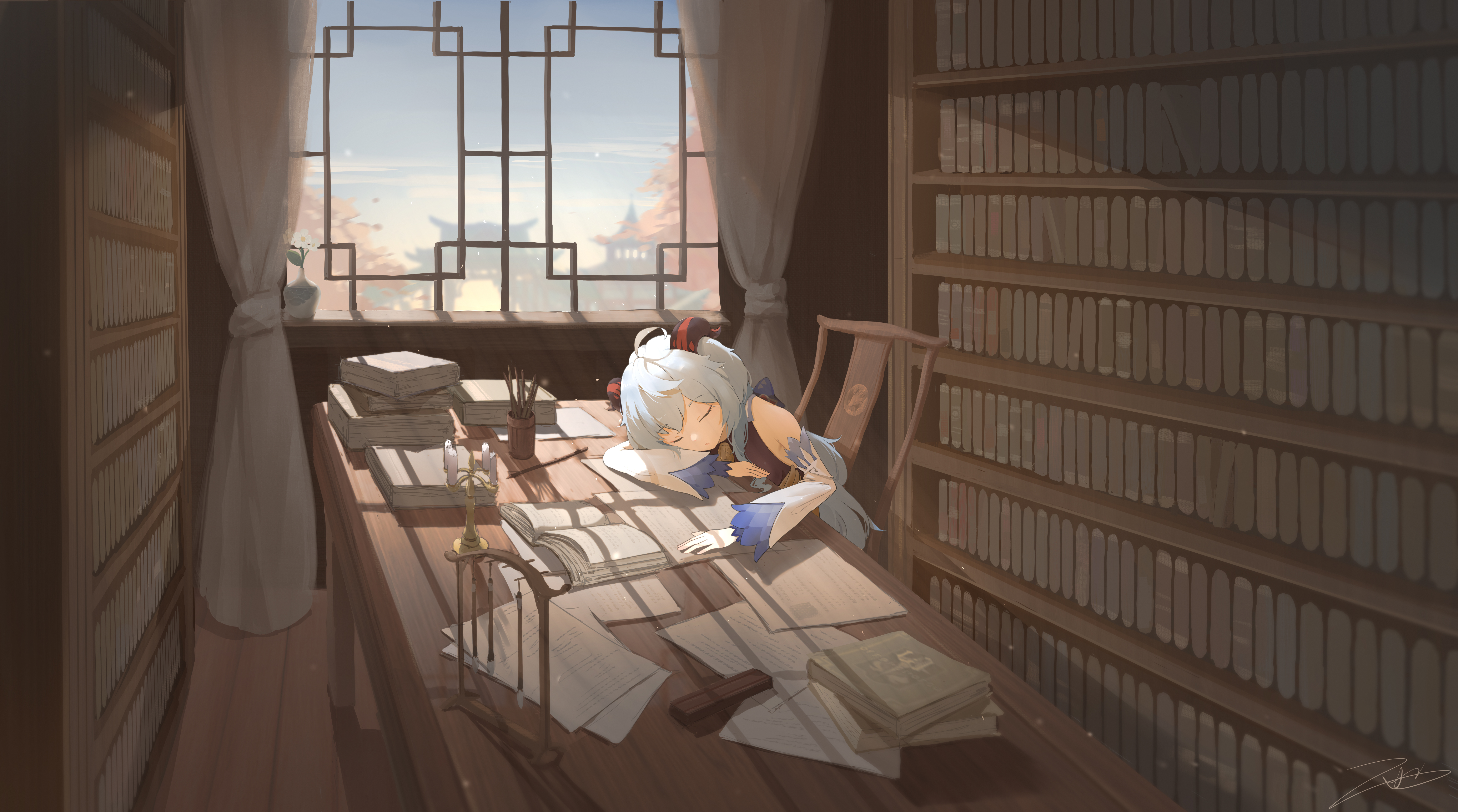 Ganyu taking a nap in the library by 雨様