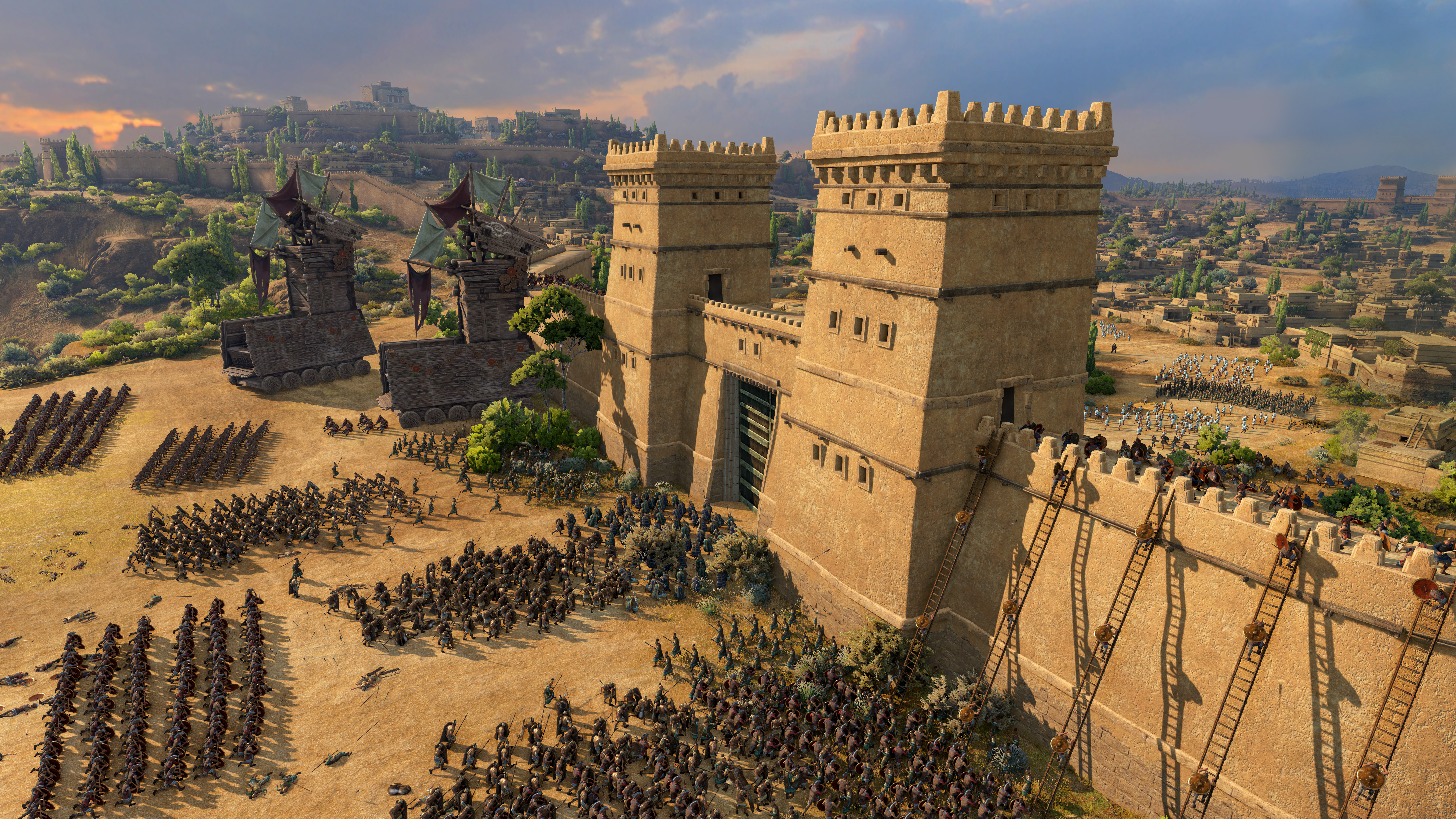 HD desktop wallpaper of A Total War Saga: TROY featuring battle scene with soldiers and fortifications.