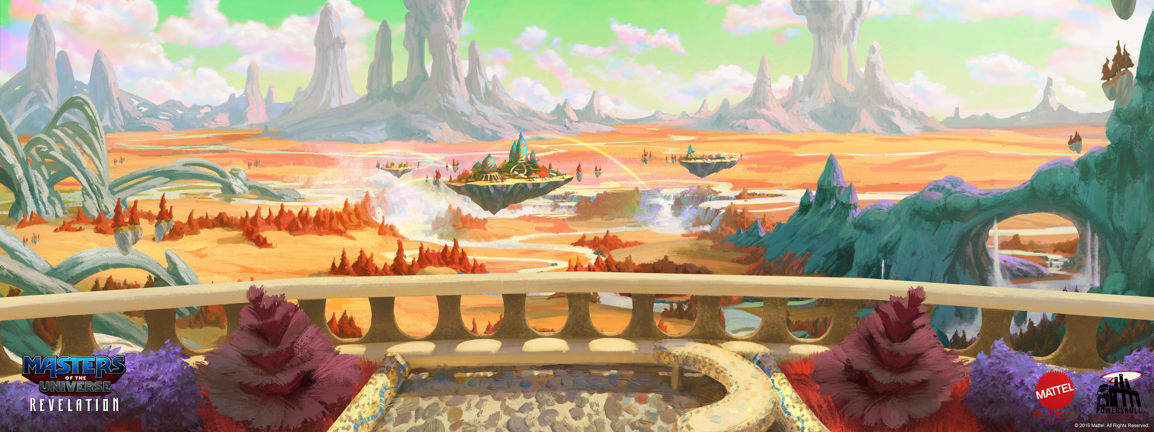 Masters of the Universe: Revelation HD wallpaper featuring Eternian landscape with Castle Grayskull, vivid skies, and fantasy terrain.