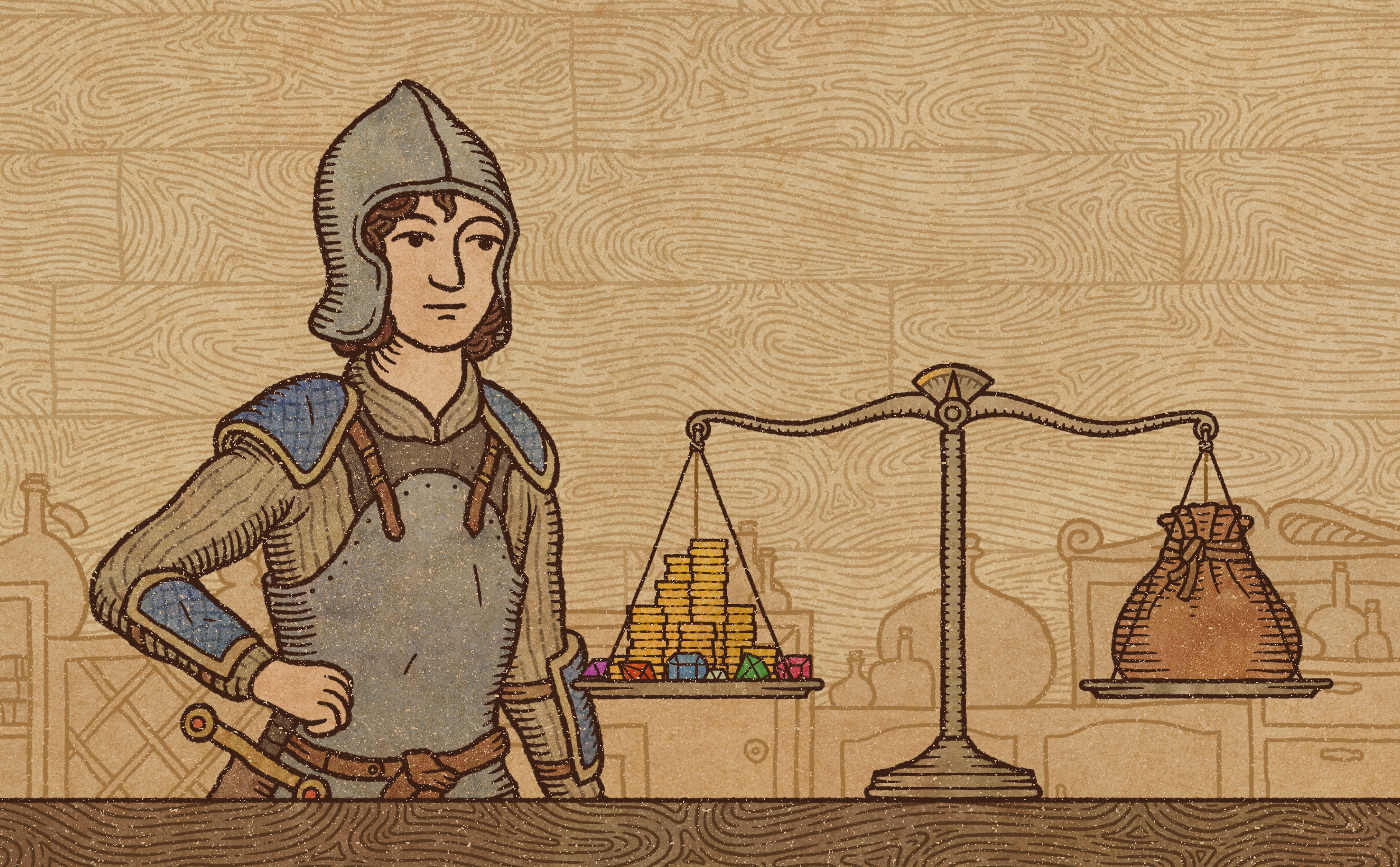 HD desktop wallpaper featuring a medieval alchemist from Potion Craft: Alchemist Simulator game, with a balance scale and potion ingredients in the background.