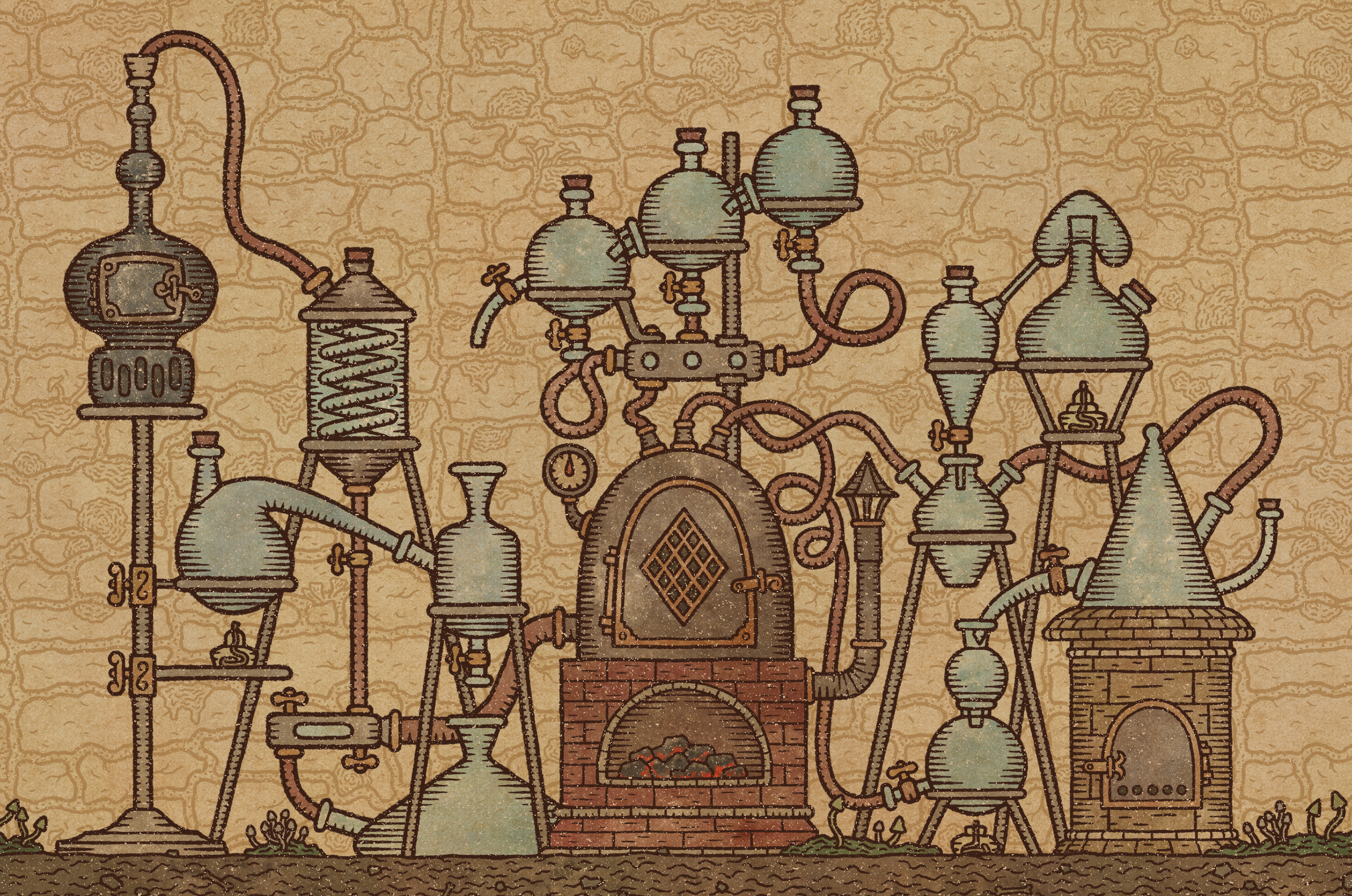 Intricately detailed alchemist's potion crafting apparatus from Potion Craft: Alchemist Simulator, perfect as a HD desktop wallpaper and background.