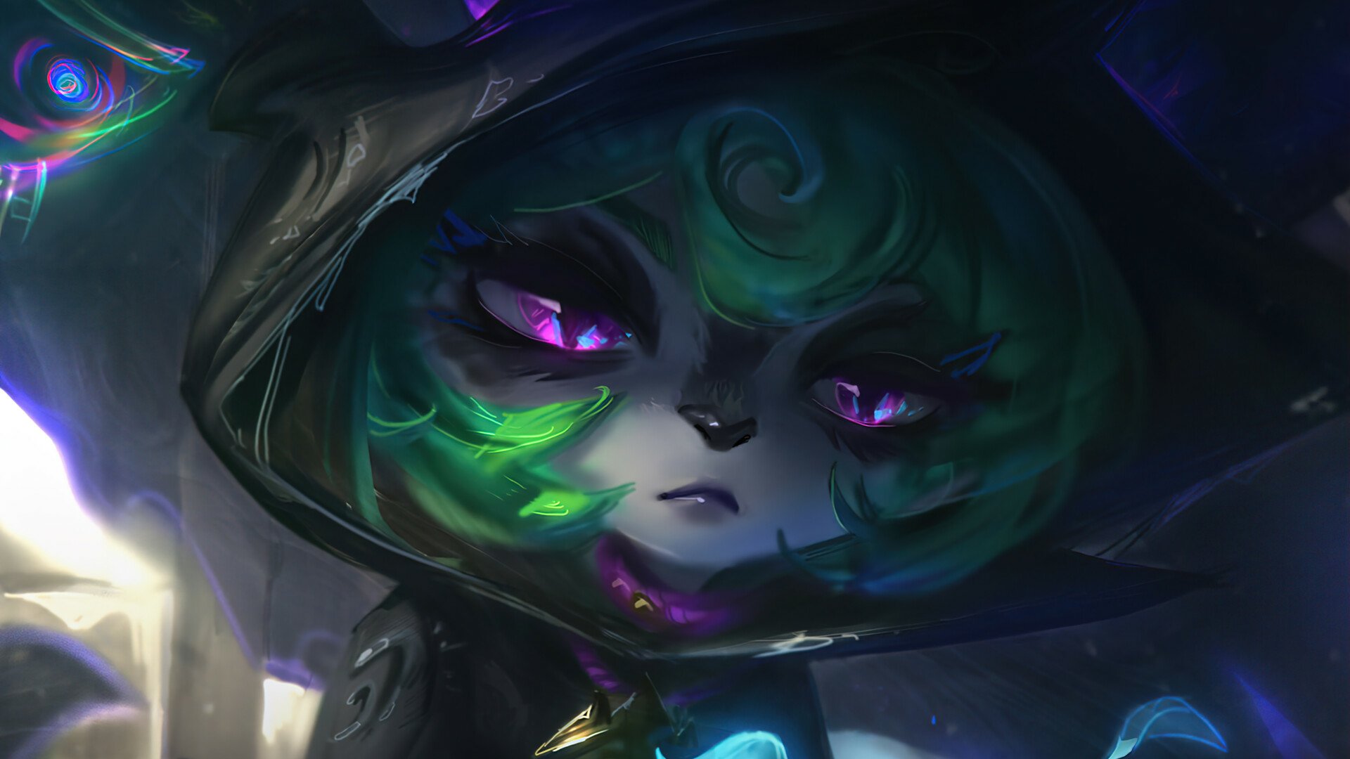 Vex (League of Legends) close-up: hooded, moody HD PC desktop wallpaper and background — video game artwork with glowing purple eyes and green-tinted hair.