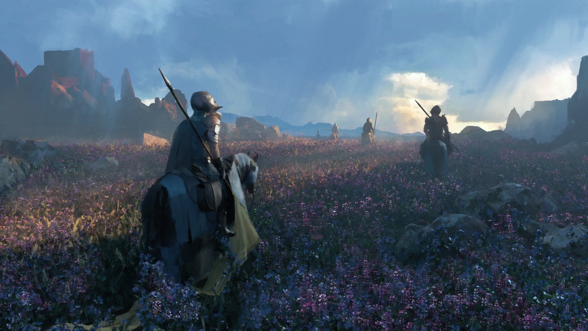 4K Ultra HD PC desktop wallpaper: fantasy scene of knights on horseback crossing a flowered plain at dawn beneath dramatic clouds and distant hills.