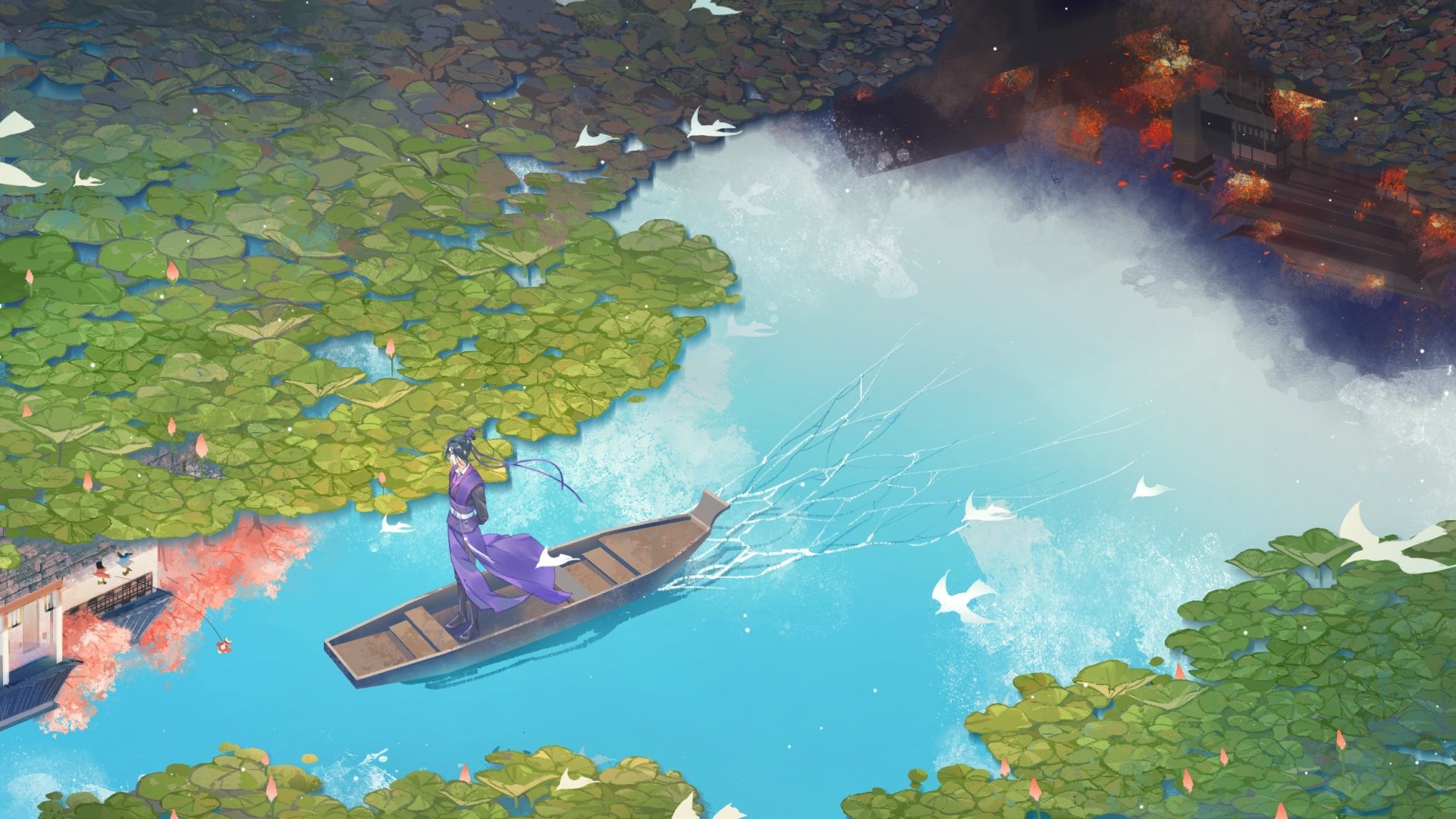 HD PC desktop wallpaper featuring Jiang Cheng from the anime Mo Dao Zu Shi, depicted standing on a boat surrounded by water lilies and vibrant foliage.