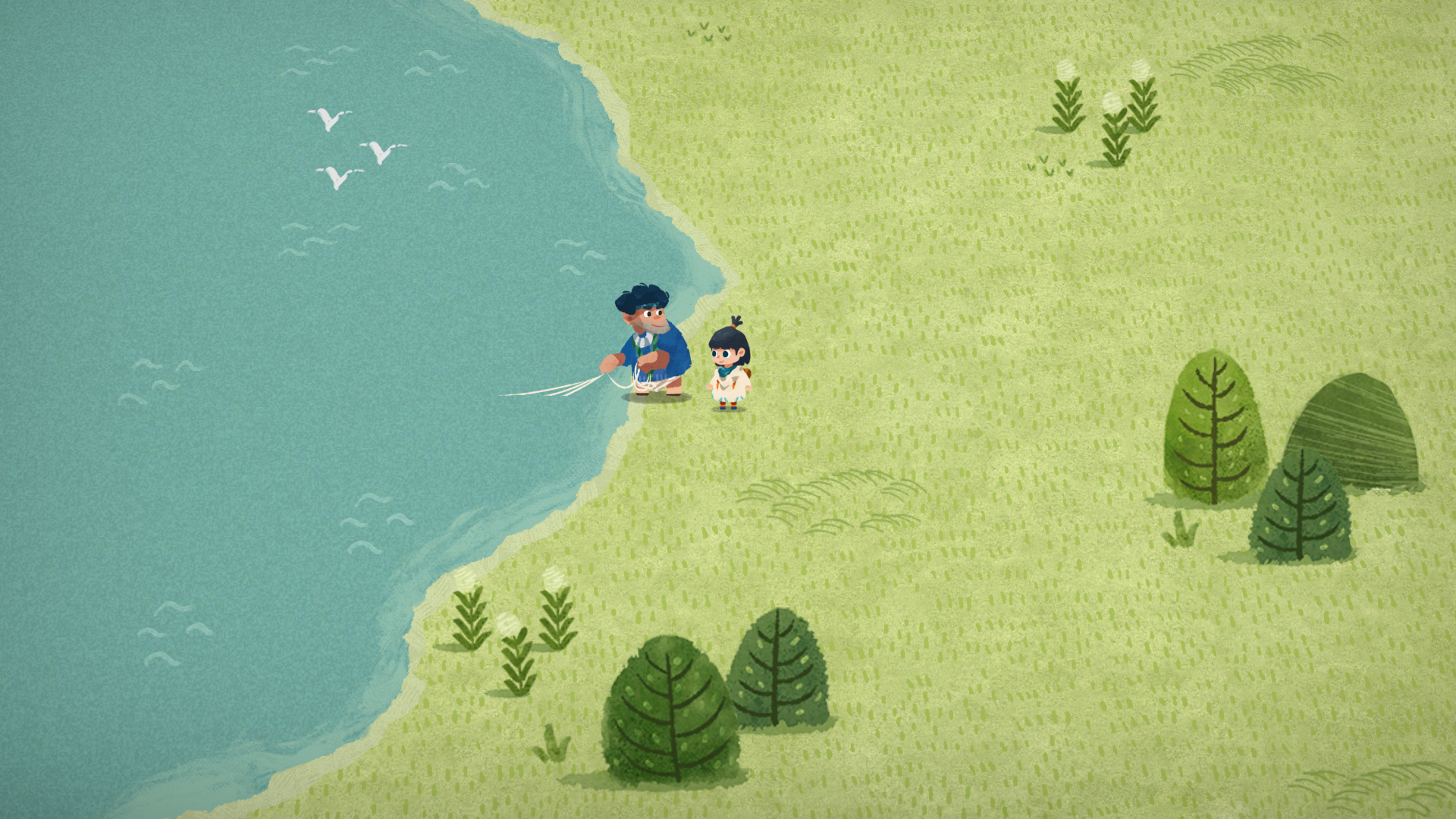 HD wallpaper featuring Carto style illustration of two characters fishing by a serene lake with greenery and flying birds.