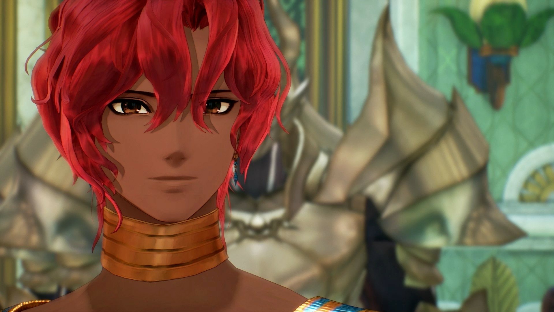 Tales of Arise HD wallpaper featuring a close-up of a character with red hair and blue eyes against a blurred background.