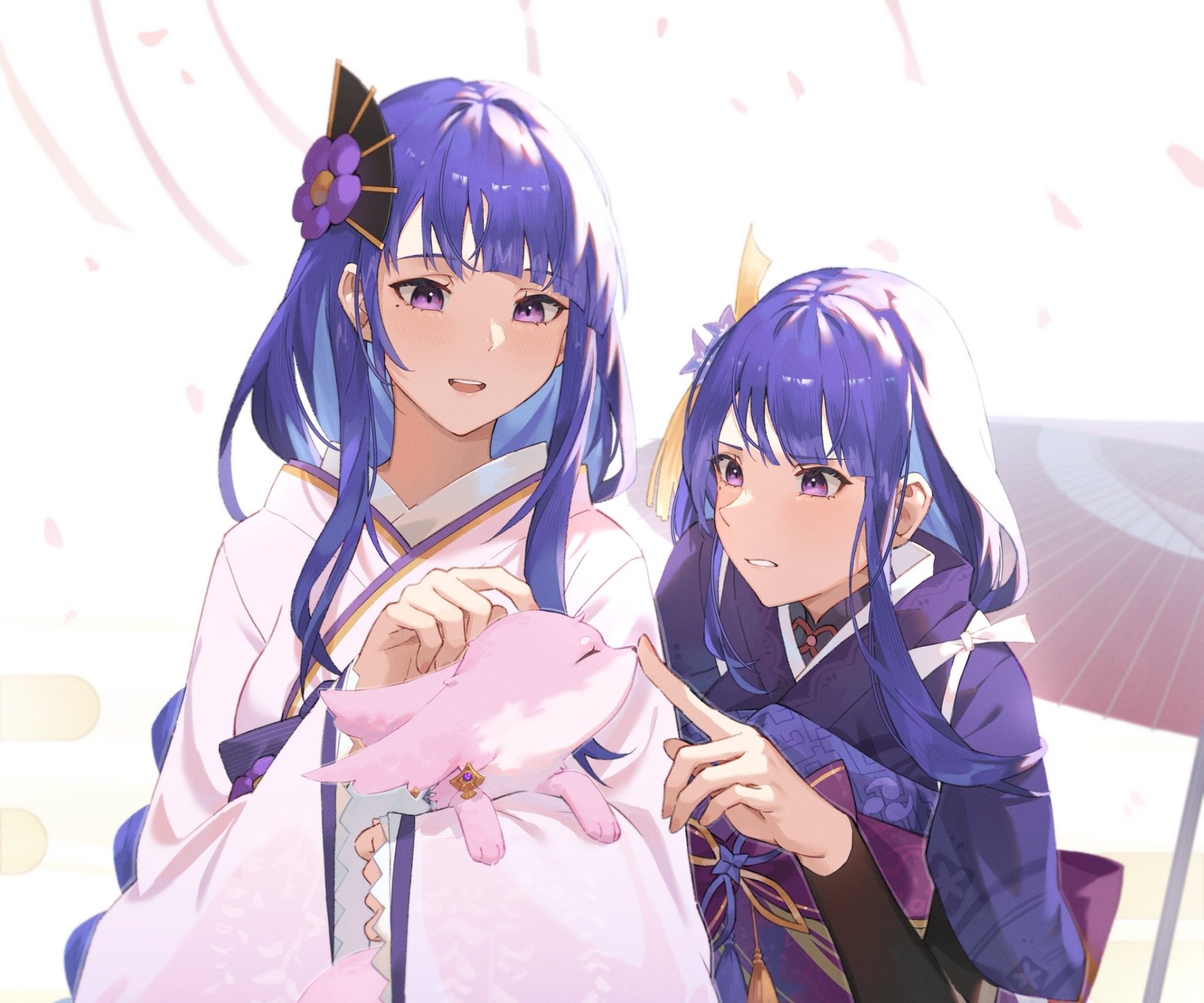 HD PC desktop wallpaper featuring Baal Raiden Shogun and Raiden Makoto from the video game Genshin Impact in a soft, anime-style illustration.