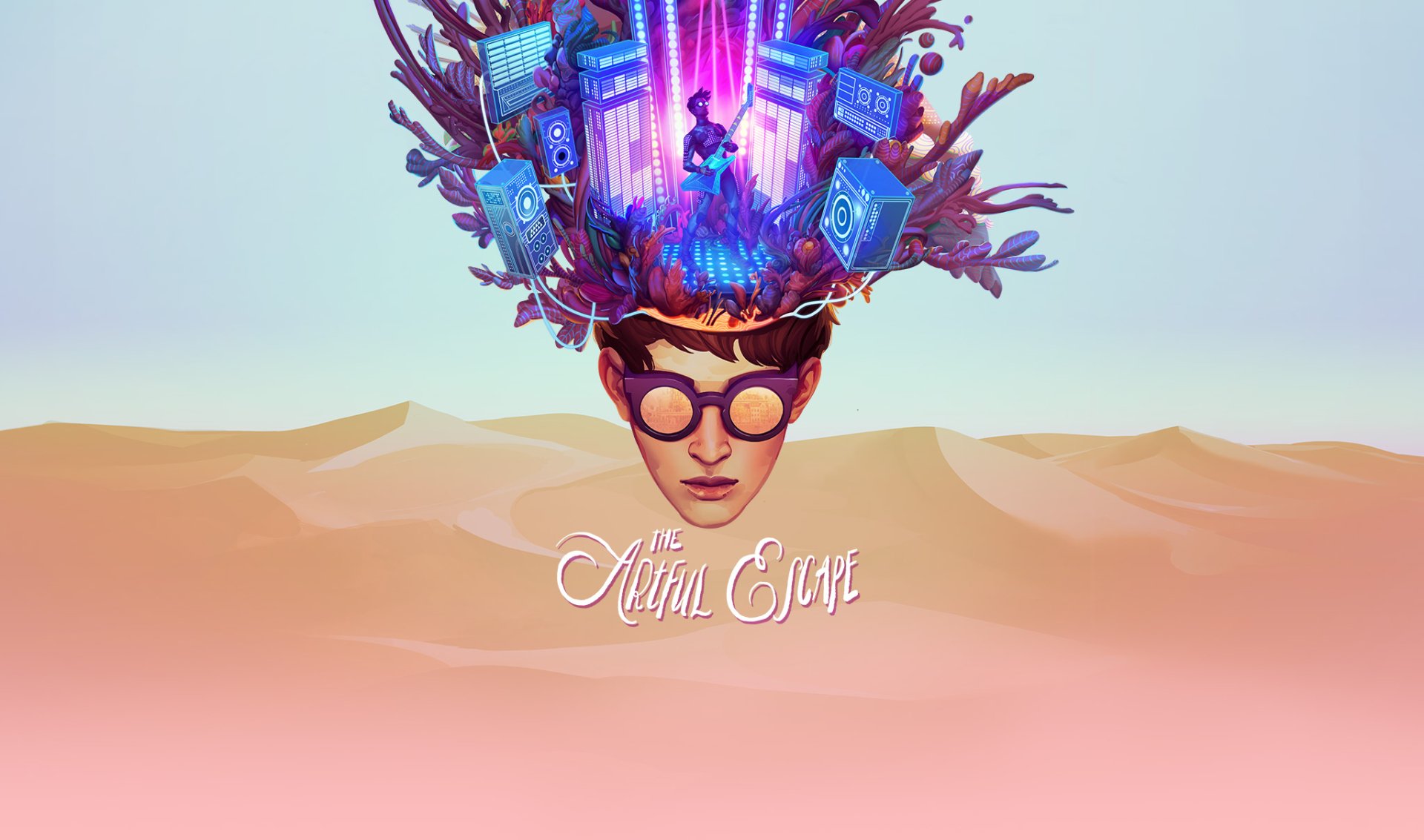 HD desktop wallpaper featuring a character with a vibrant, musical cityscape headpiece from the game The Artful Escape, set against a desert backdrop.