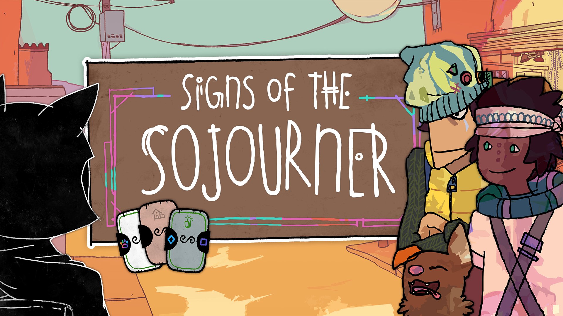HD desktop wallpaper featuring characters from the video game Signs of the Sojourner. The scene captures a vibrant, artistic style with playful interactions among the characters.