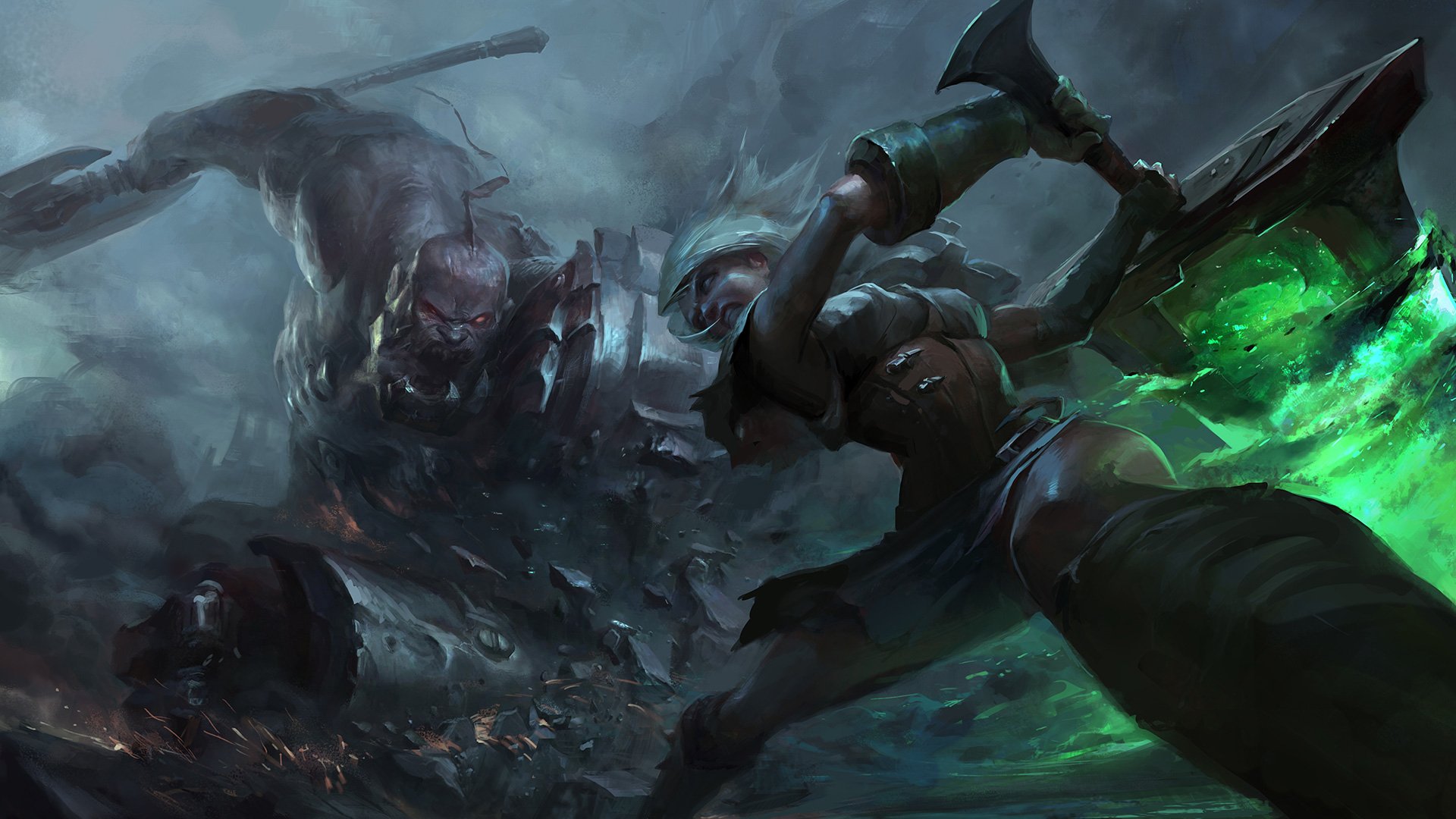 Riven (League of Legends) lunges with her shattered blade across a stormy battlefield — video game HD PC desktop wallpaper and background.