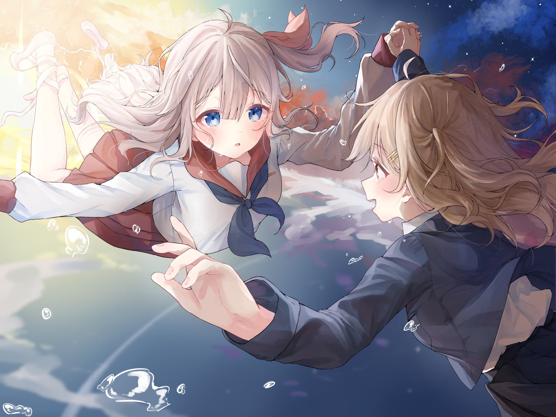 Anime girl in a school uniform with white hair and blue eyes reaches out to another girl with light brown hair, set against a glowing, dreamy background in 4K Ultra HD.