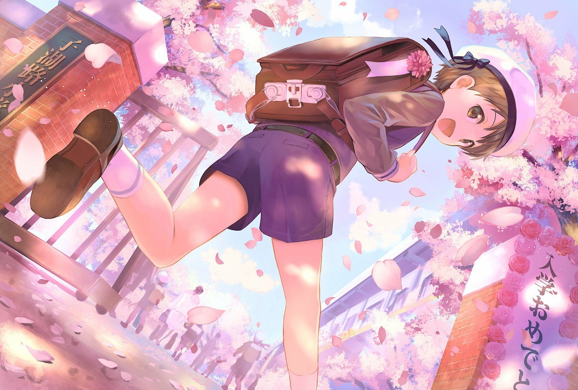 HD PC desktop wallpaper/background: anime boy in a school uniform with a backpack walking beneath blooming cherry blossoms, petals drifting in warm sunlight.