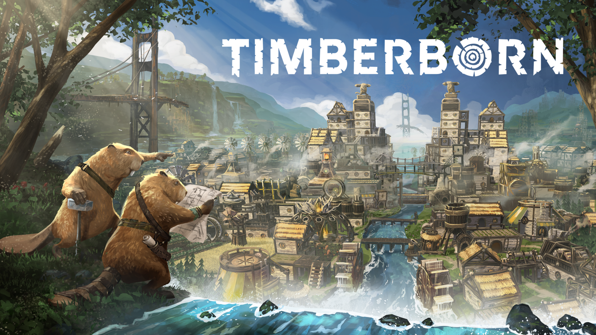 HD Timberborn desktop wallpaper featuring beaver characters and a bustling village.