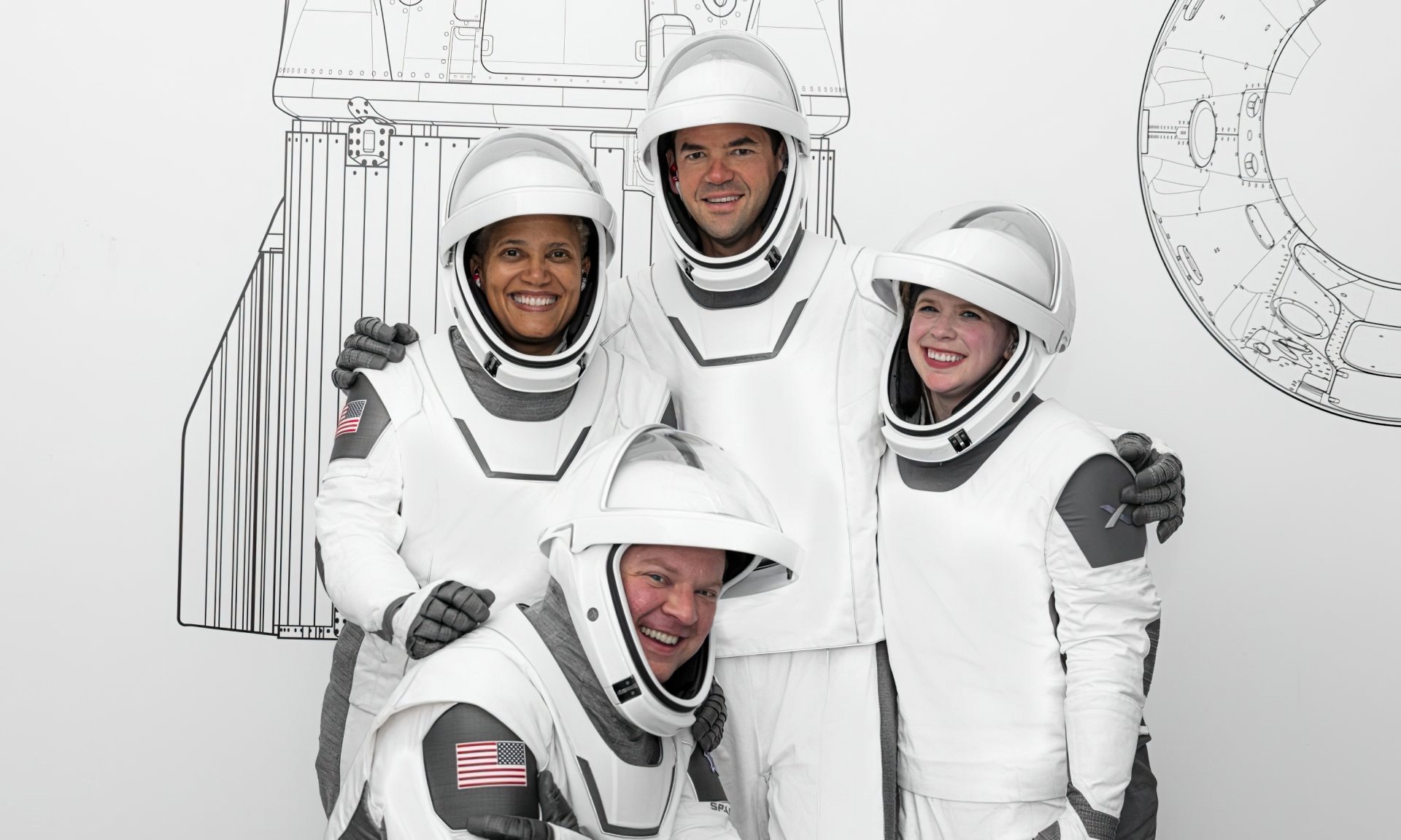 HD desktop wallpaper of Inspiration4 crew in spacesuits with a spacecraft sketch in the background.
