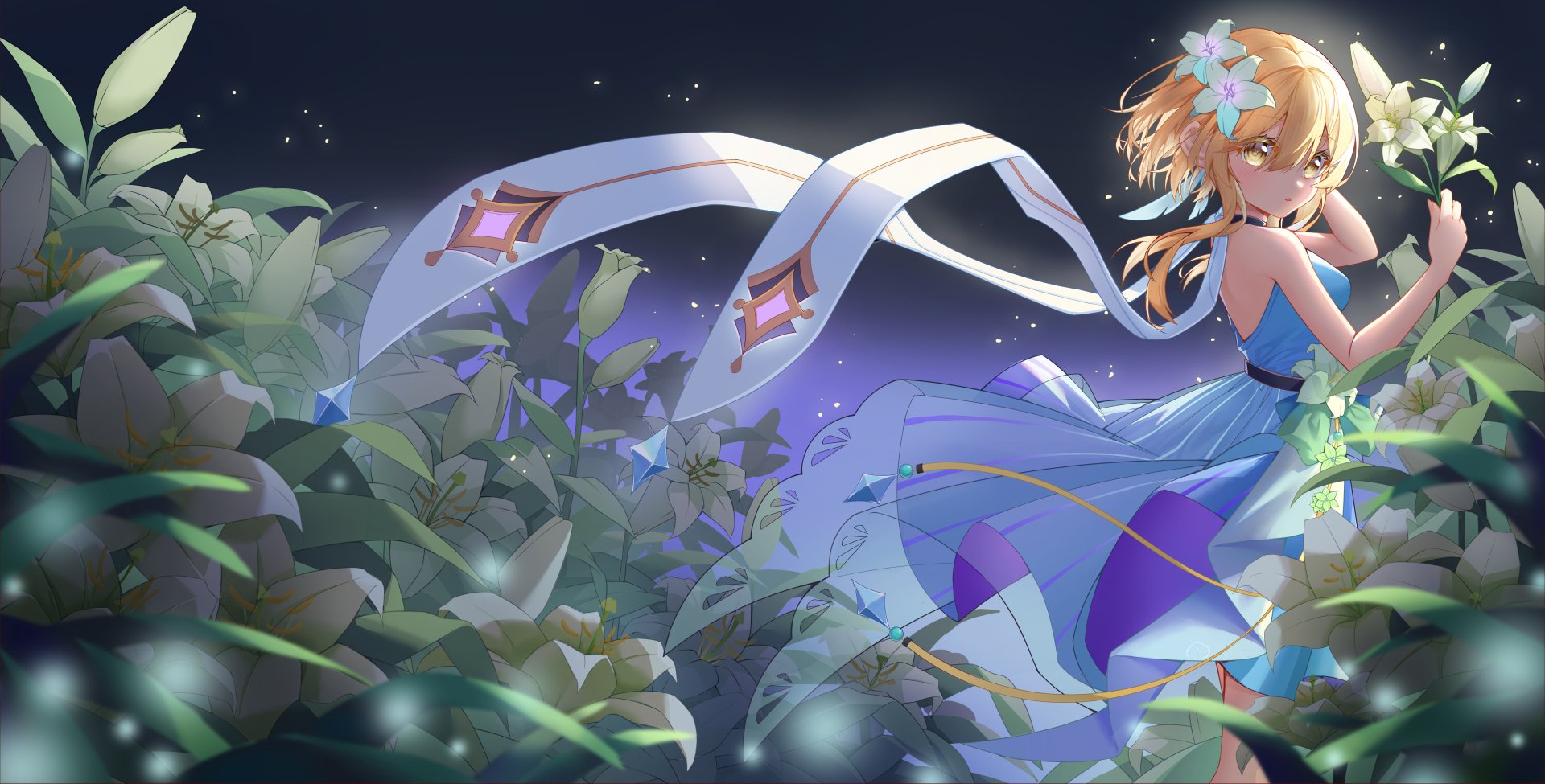 HD desktop wallpaper featuring Lumine from the video game Genshin Impact, standing amidst lush vegetation at night with a serene expression. The backdrop showcases glowing plants and a starry sky.