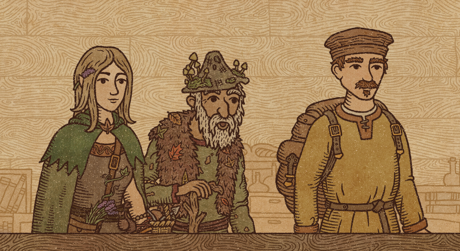 HD desktop wallpaper from Potion Craft: Alchemist Simulator featuring stylized illustrations of an alchemist, a king, and a townsman.