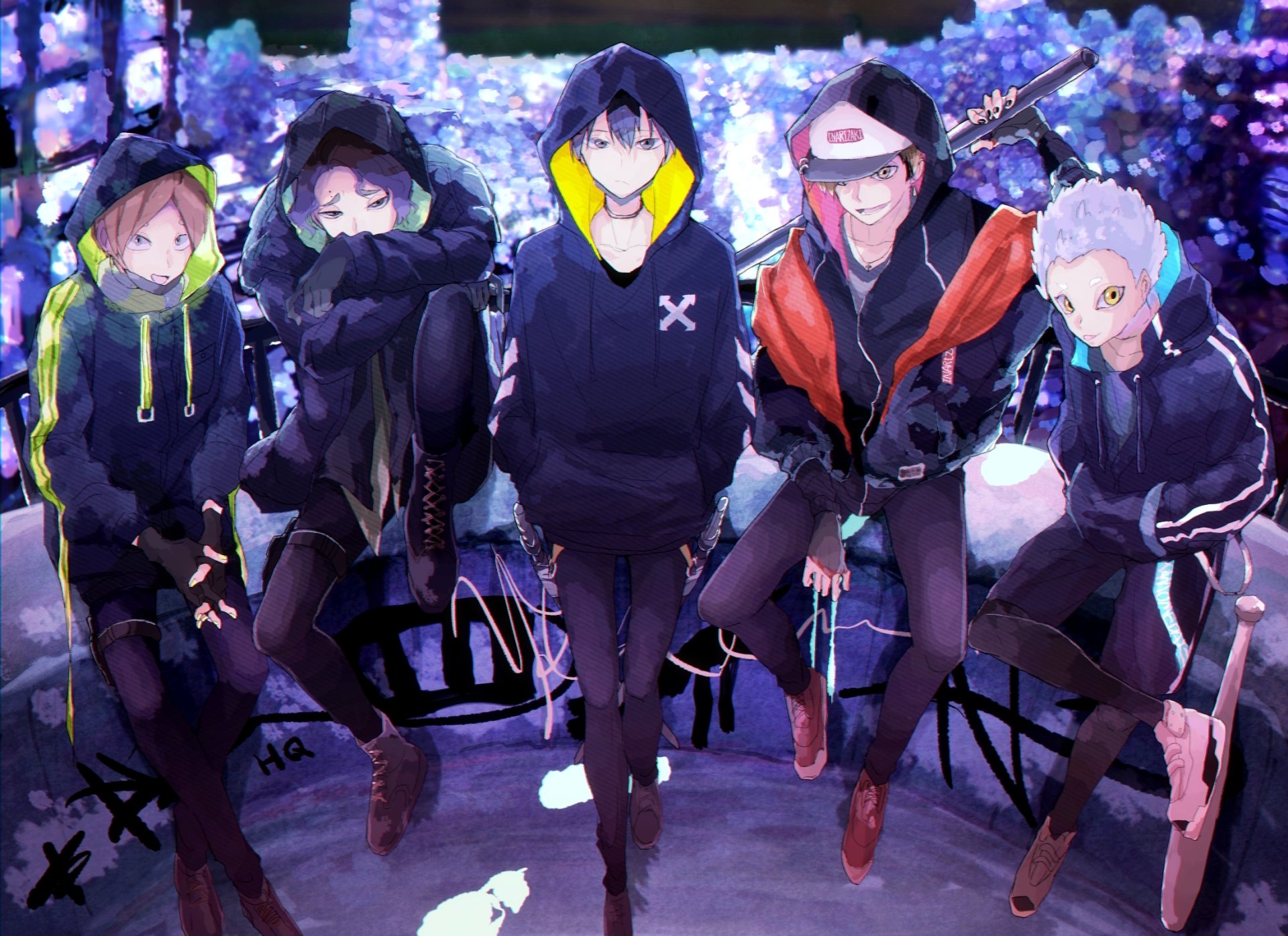 HD PC wallpaper of Haikyū!! anime characters Kiyoomi Sakusa, Miya Atsumu, Motoya Komori, Tobio Kageyama and Kōrai Hoshiumi in hoodies on a bench under purple lights.