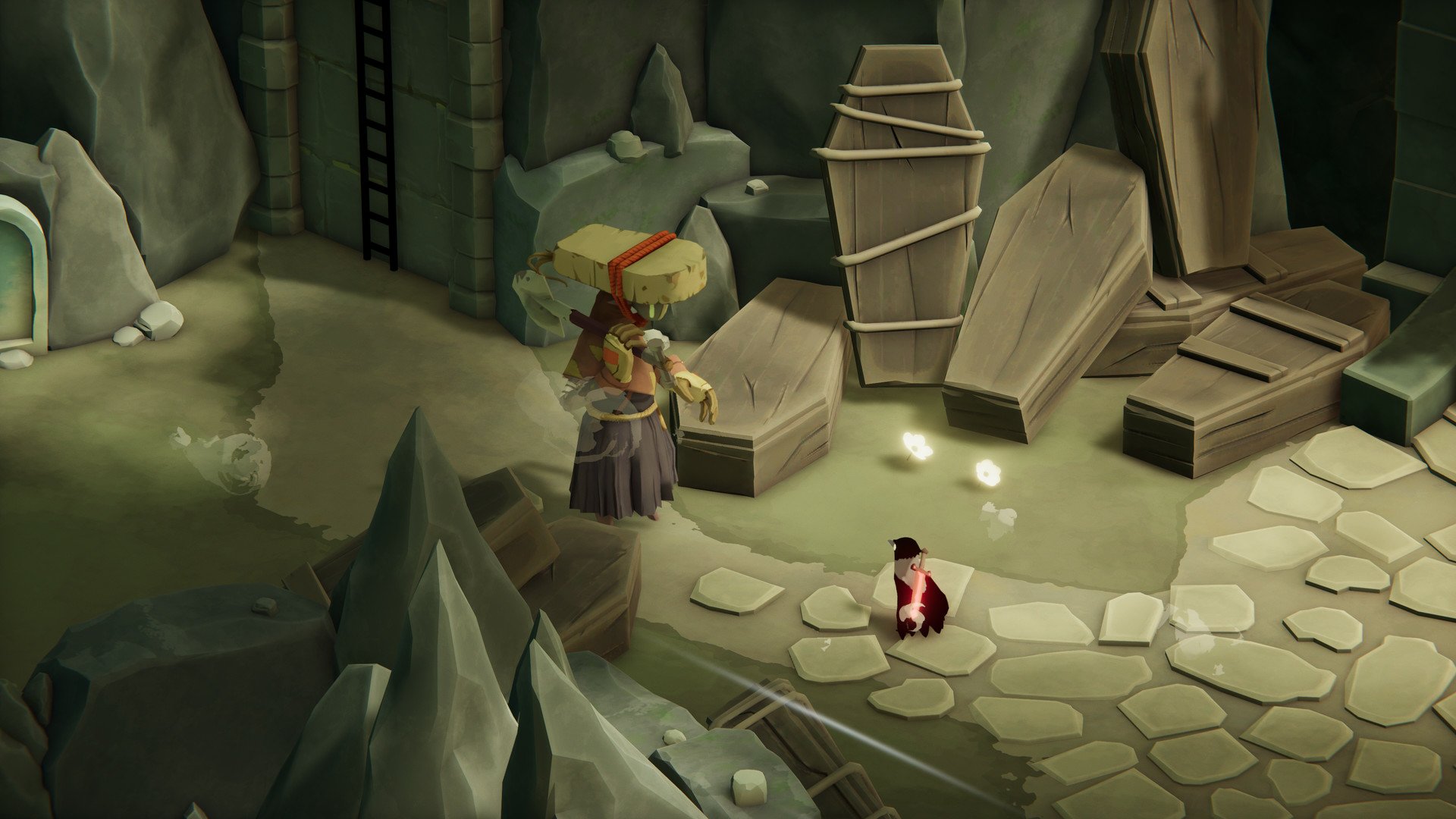 HD desktop wallpaper featuring a scene from the game Death's Door with a character standing in a dimly lit cavernous room with crates and stones.