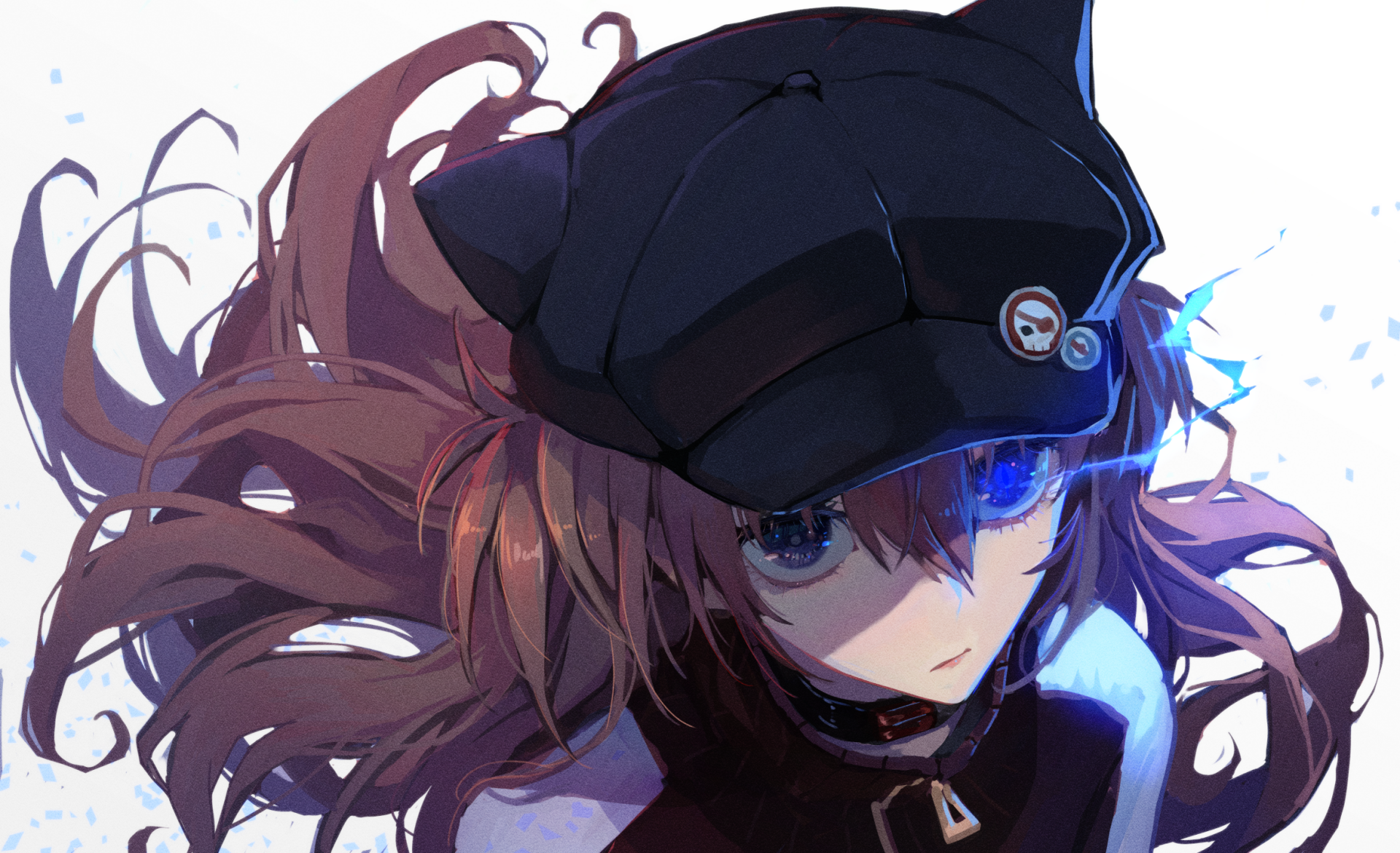HD anime desktop wallpaper featuring Asuka Langley Sohryu from Neon Genesis Evangelion, showcasing her with flowing hair and a dark cap against a bright background.