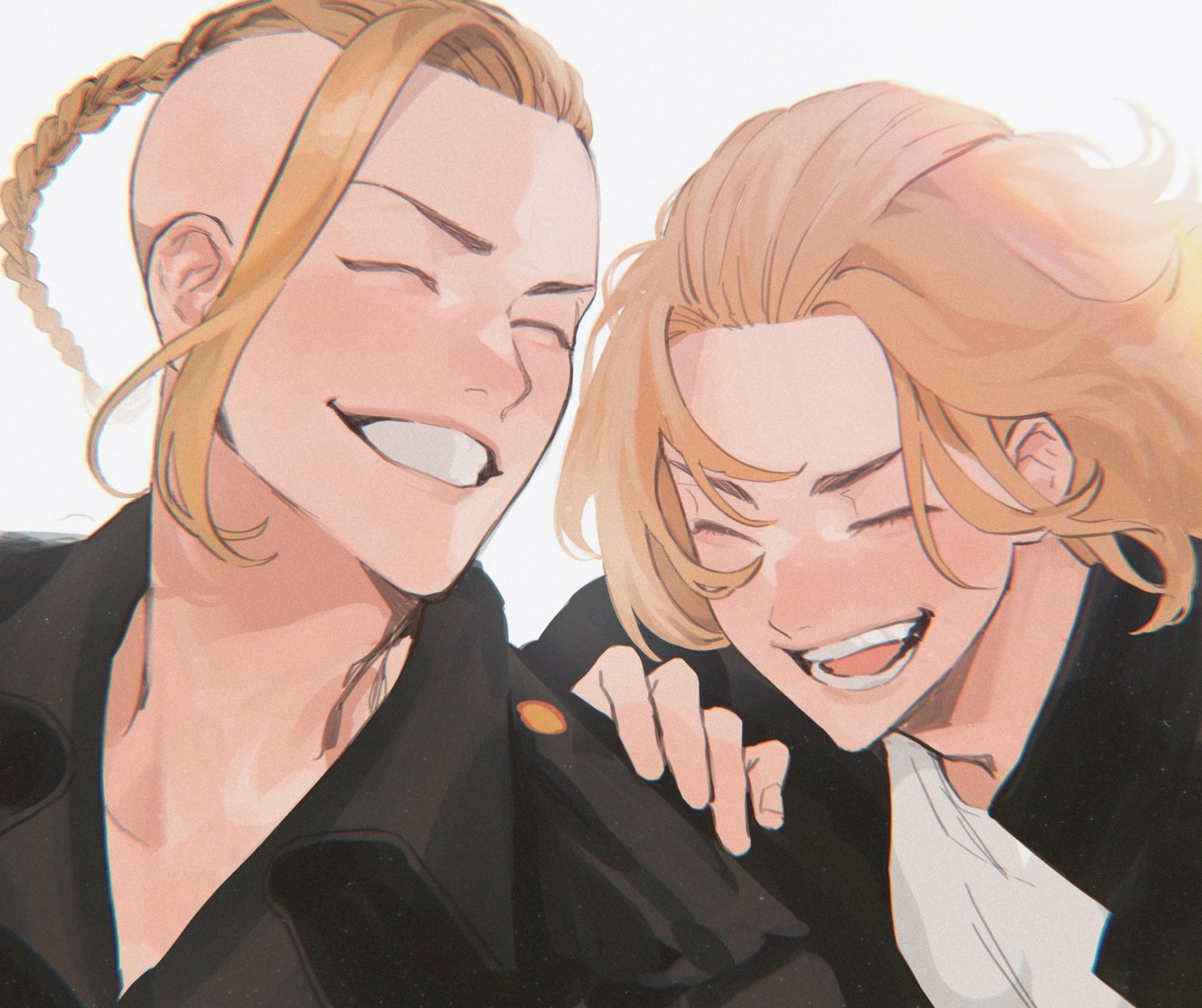 HD anime wallpaper featuring Mikey Manjiro Sano and Ken Ryuguji from Tokyo Revengers sharing a joyful moment.