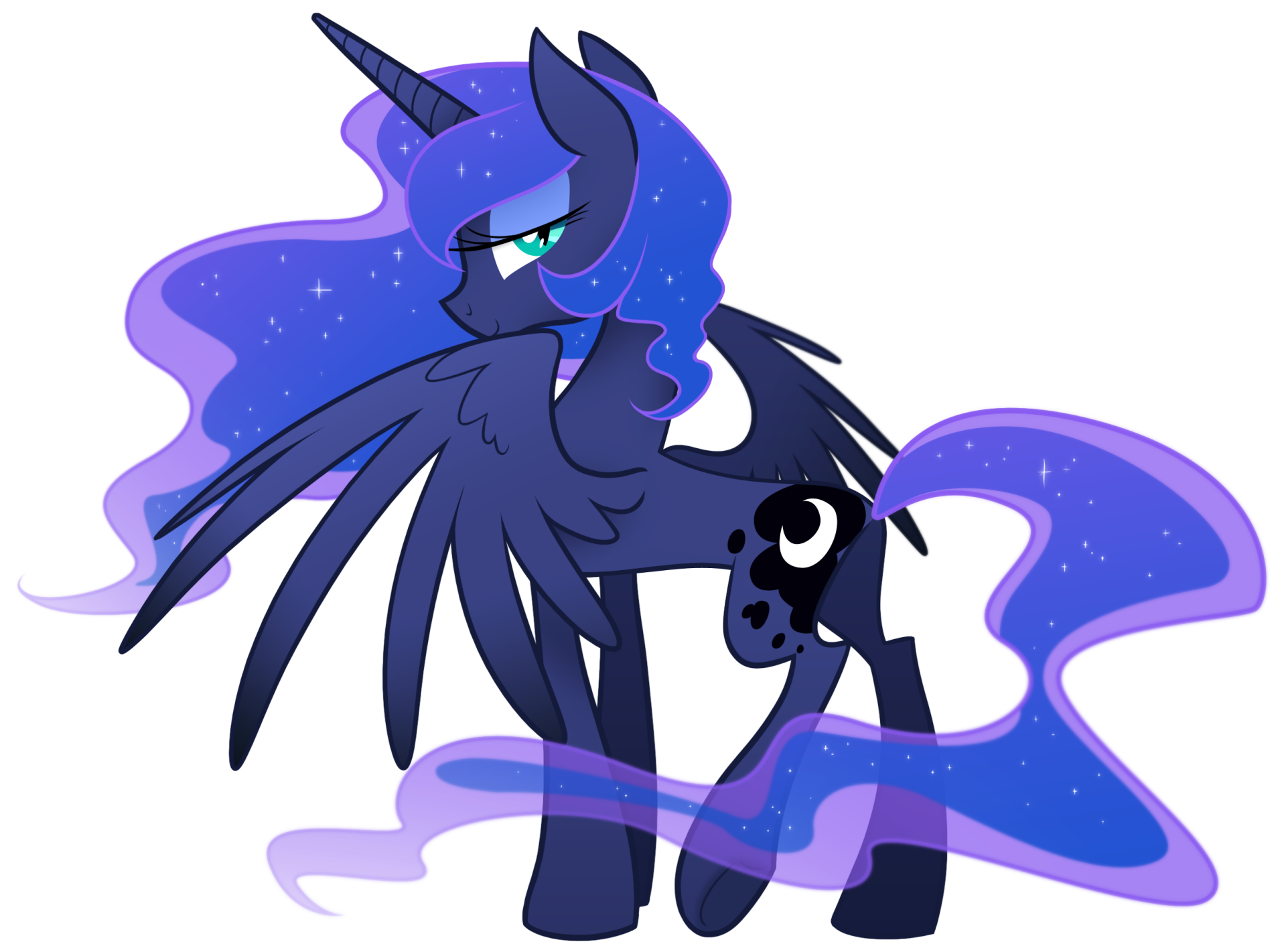 HD desktop wallpaper featuring Princess Luna from the TV show My Little Pony: Friendship Is Magic, depicted with flowing starry mane and dark wings against a dark background.