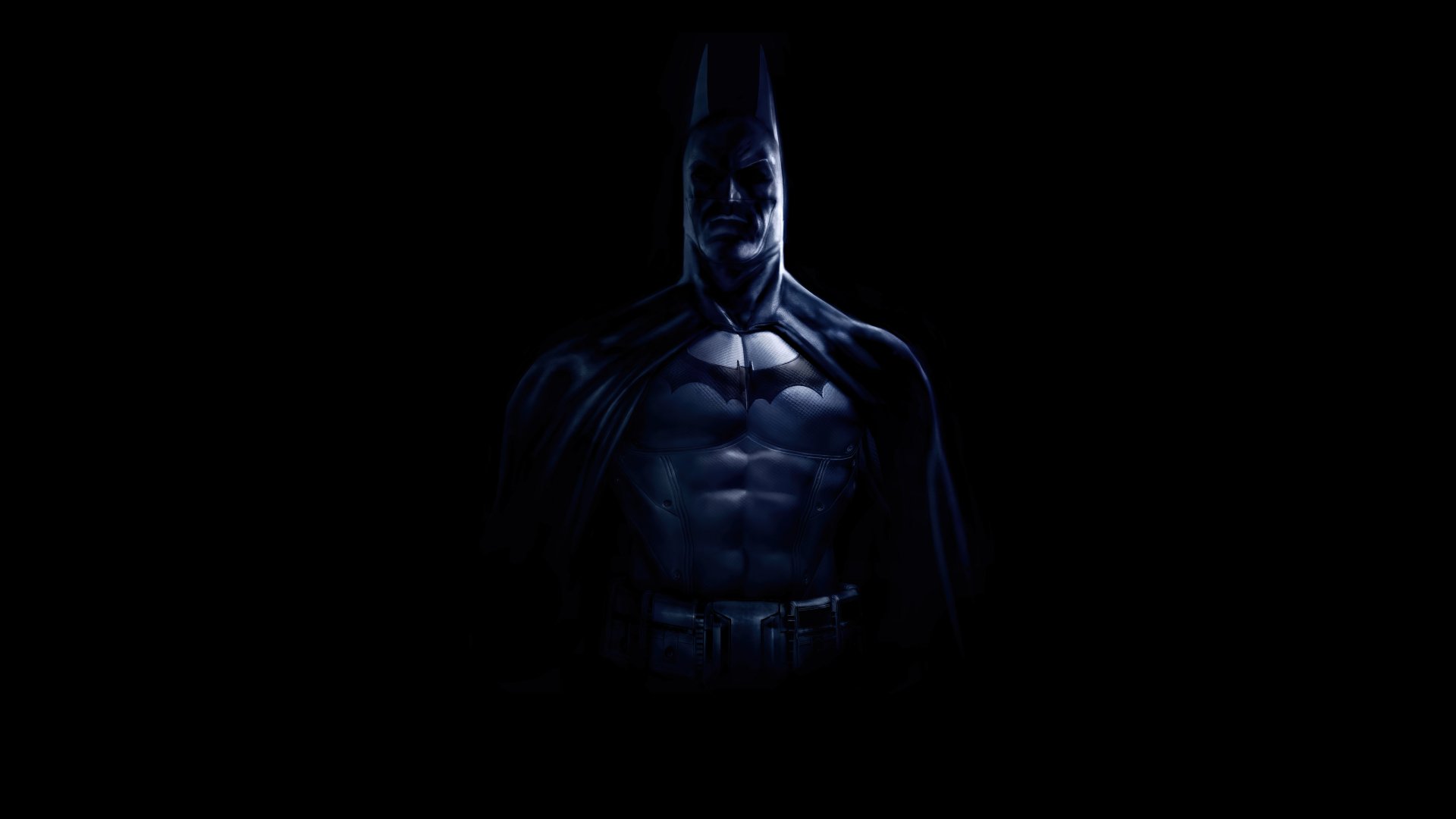 5K Ultra HD PC desktop wallpaper: Batman from the Batman: Arkham Asylum video game, looming in shadow with a lit chest emblem and textured cape.