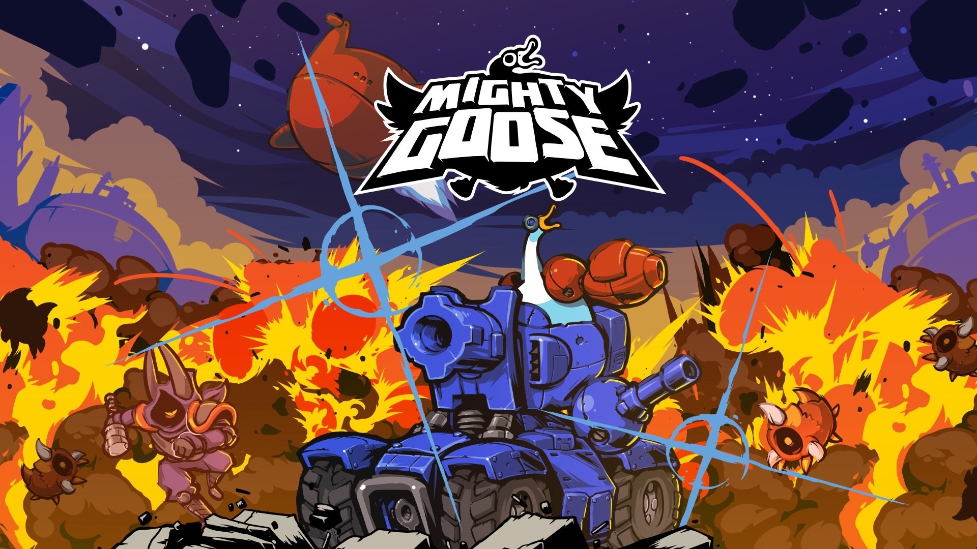HD wallpaper of Mighty Goose video game with vibrant battle scene and logo for desktop background.