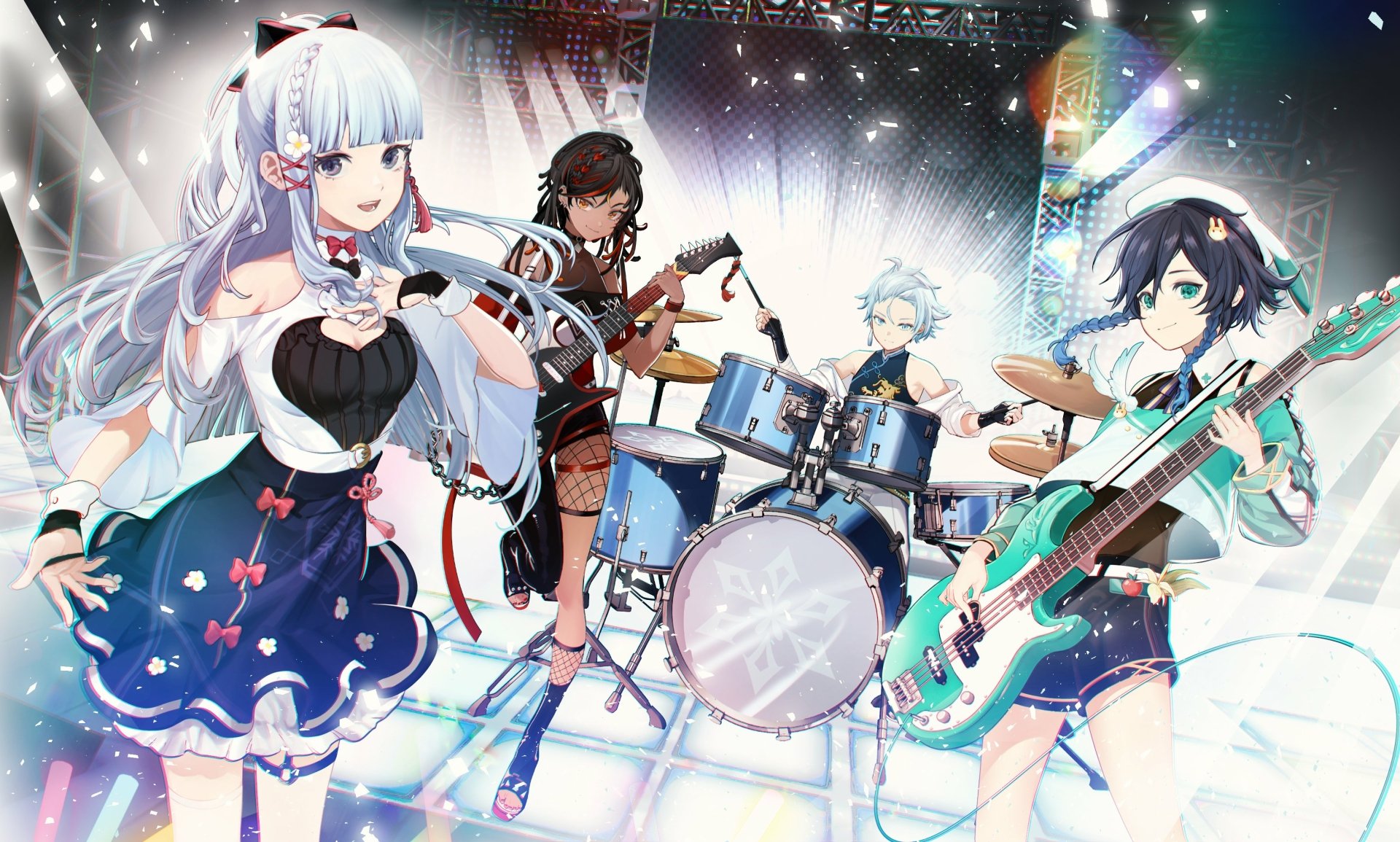 A vibrant HD wallpaper featuring characters Xinyan, Kamisato Ayaka, Venti, and Chongyun from Genshin Impact, set in a lively musical performance scene.