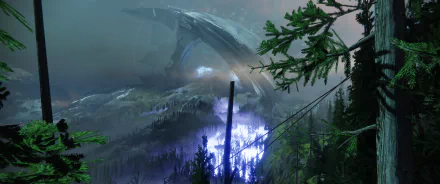 HD Destiny 2 PC desktop wallpaper featuring a glowing portal or energy source in a misty forest with a massive ship or structure looming overhead.