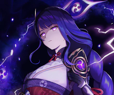 HD PC desktop wallpaper featuring Baal Raiden Shogun from the video game Genshin Impact, showcasing her intense gaze and electric purple lightning effects.