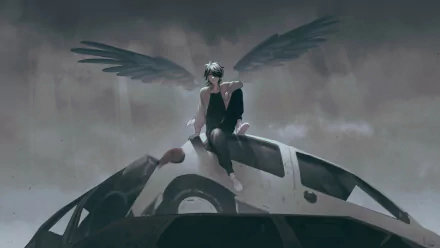 HD anime desktop wallpaper featuring Kazutora Hanemiya from Tokyo Revengers, depicted with dark wings sitting atop stacked cars in a moody, atmospheric setting.