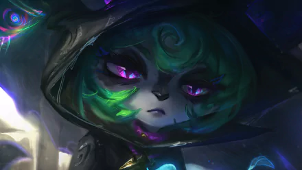 Vex (League of Legends) close-up: hooded, moody HD PC desktop wallpaper and background — video game artwork with glowing purple eyes and green-tinted hair.
