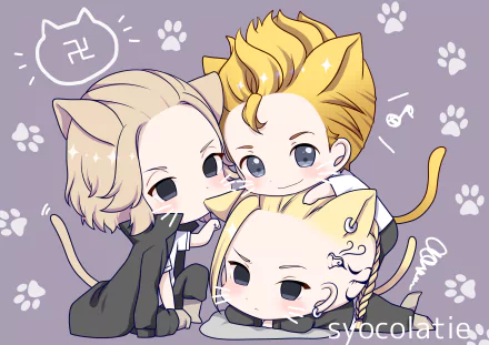 Chibi-style Mikey Manjiro Sano, Ken Ryuguji, and Takemichi Hanagaki from Tokyo Revengers, with cat ears and tails on a purple background with paw prints and symbols.