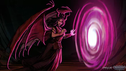 A striking HD wallpaper from Pathfinder: Wrath of the Righteous, featuring a darkly enchanting character conjuring a swirling pink portal, exuding magic and intensity.