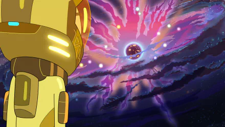 Rick and Morty TV show HD PC desktop wallpaper and background: golden robot in foreground views a swirling pink-purple cosmic portal above a starry nebula.