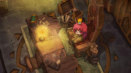 HD desktop wallpaper featuring a scene from Crown Trick with a character wearing a crown, surrounded by mystical items and dungeon-like environment.
