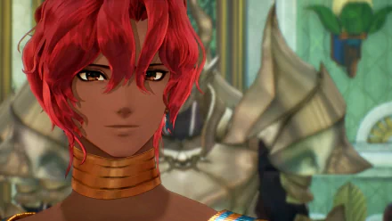 Tales of Arise HD wallpaper featuring a close-up of a character with red hair and blue eyes against a blurred background.