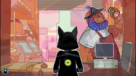 HD desktop wallpaper featuring a scene from Signs of the Sojourner with a character facing a smiling merchant in a vibrant shop setting.