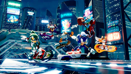 HD PC desktop wallpaper featuring Sonic the Hedgehog, Knuckles, Tails, and Jet the Hawk racing on hoverboards in Sonic Riders: Zero Gravity's futuristic cityscape.