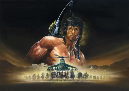 HD desktop wallpaper featuring Sylvester Stallone as Rambo in an intense scene from the movie Rambo III with a helicopter and soldiers in the background.