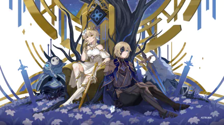 HD PC desktop wallpaper featuring Genshin Impact characters Abyss Mage, Dainsleif, and Lumine in a stylized, artistic setting.