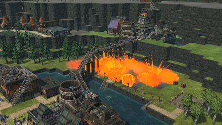 HD wallpaper of Timberborn game featuring an explosive event near a dam with dynamic structures and environment.