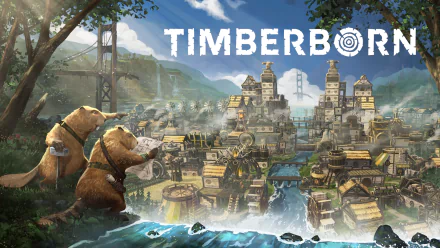 HD Timberborn desktop wallpaper featuring beaver characters and a bustling village.