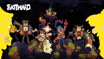 Eastward game HD desktop wallpaper featuring colorful animated characters and a whimsical, adventure-themed background.