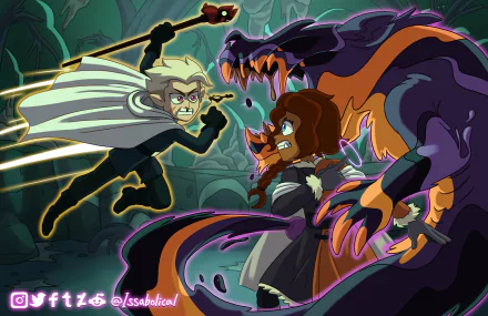 HD PC desktop wallpaper featuring Hunter from the TV show The Owl House in an intense battle scene with a large monster in a dark, cavernous setting.