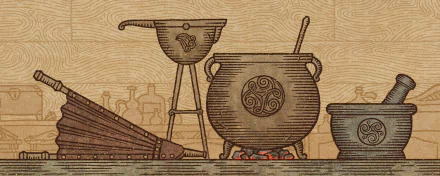 HD wallpaper inspired by the video game Potion Craft: Alchemist Simulator, featuring brewing equipment, including a cauldron and a funnel, set against a textured background.