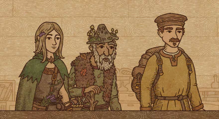 HD desktop wallpaper from Potion Craft: Alchemist Simulator featuring stylized illustrations of an alchemist, a king, and a townsman.